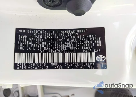 2020 Toyota Corolla Le from USA, damaged, VIN 5YFEPRAEXLP058806